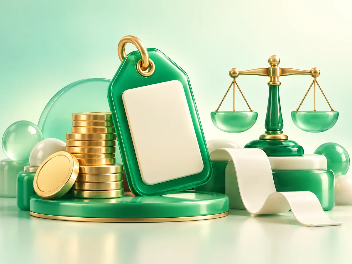3D emerald clay price tag with floating subscription tokens