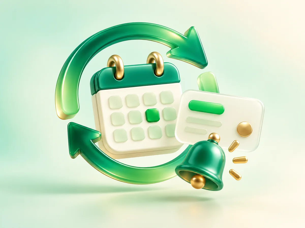 3D emerald clay calendar with a renewal arrow and card