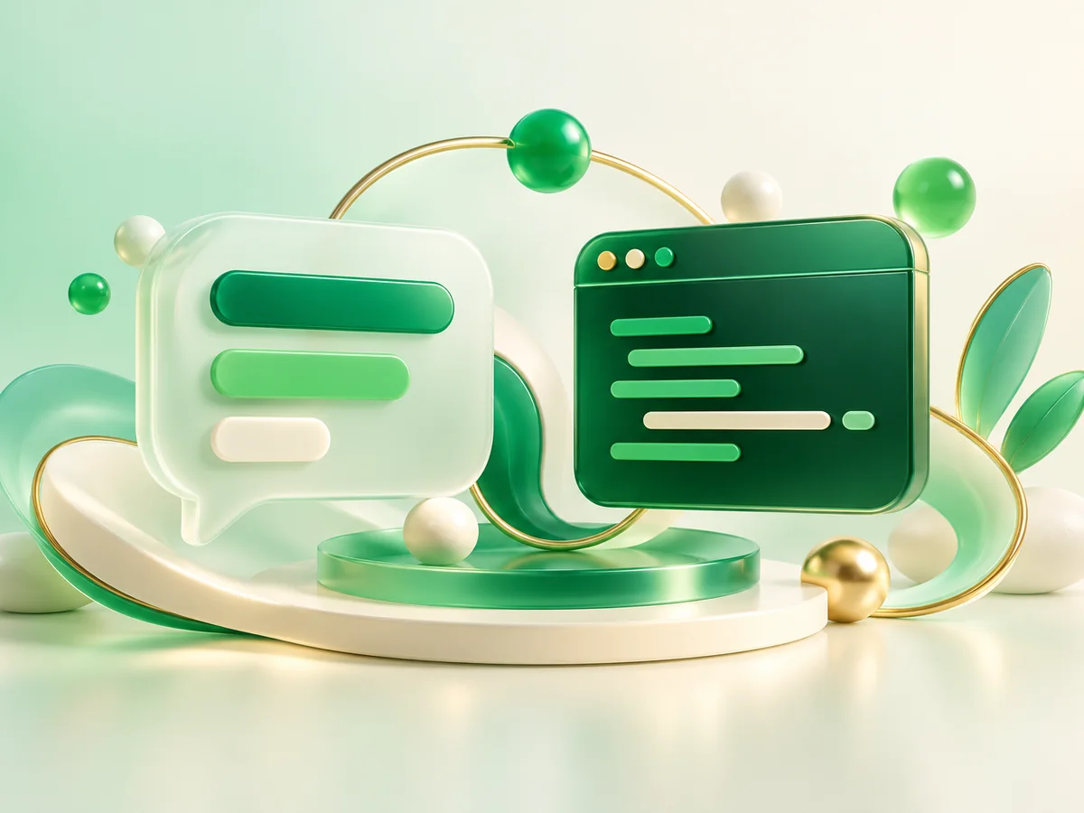 3D emerald clay split scene with a chat app and an API terminal